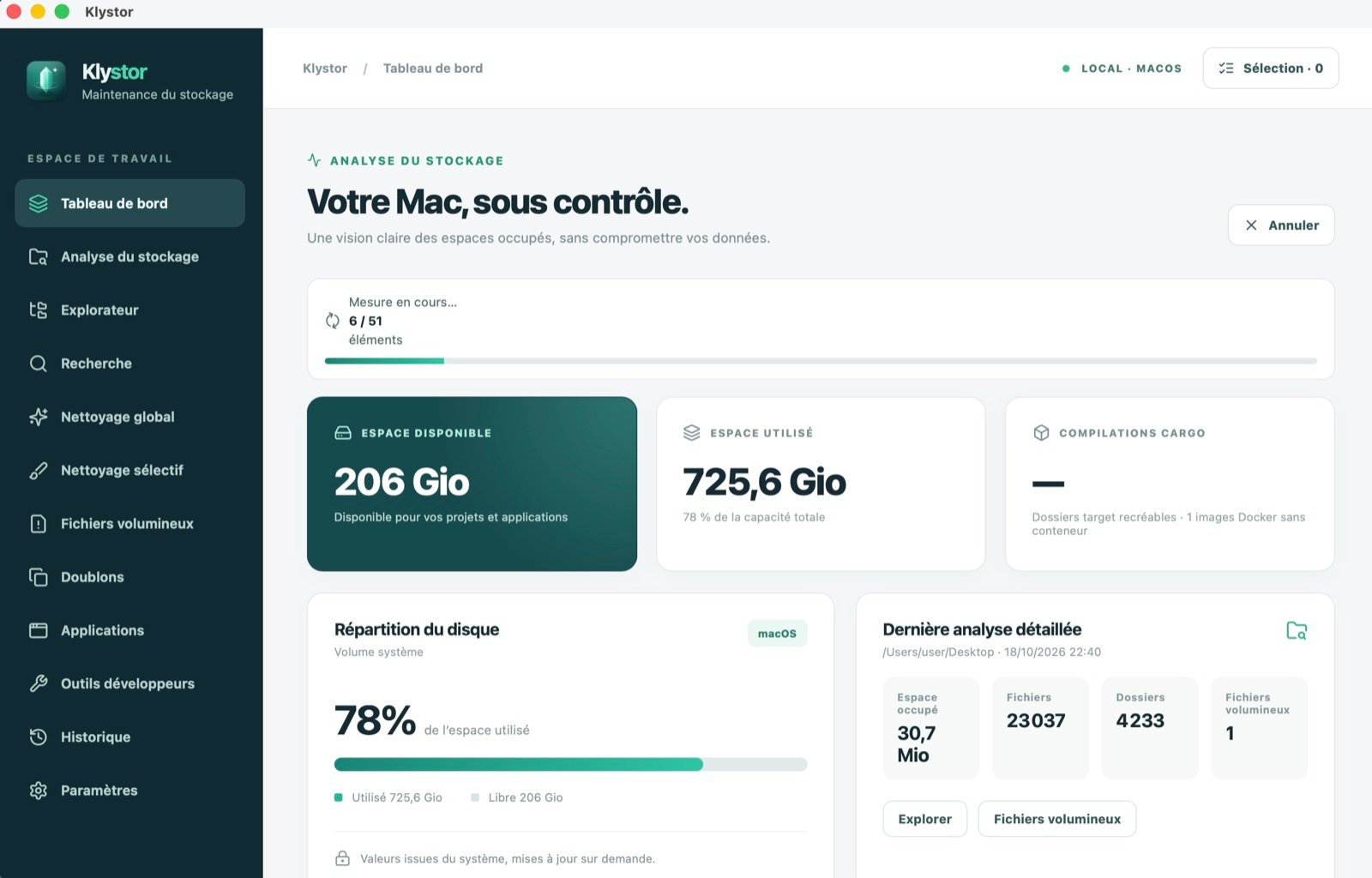 Tableau de bord de Klystor : espace disponible, espace utilisé et répartition du disque